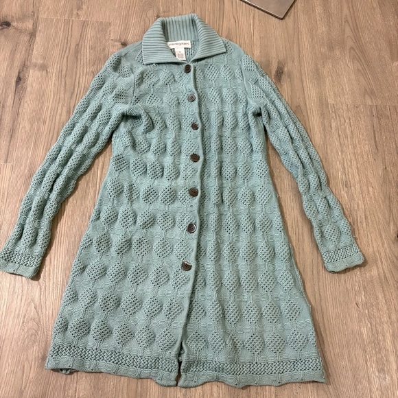Bloomingdale’s 100% Wool Teal Sweater Long Cardigan Buttons Sz PS Chunky Knit - Picture 7 of 13